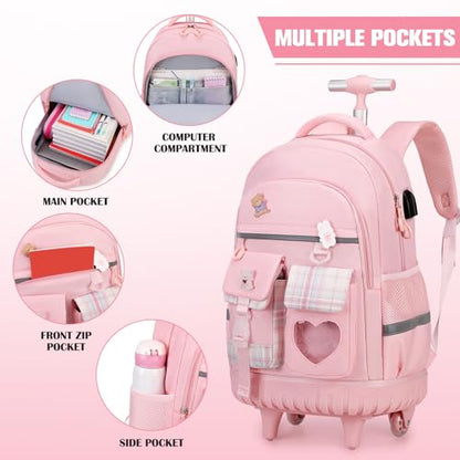 ACESAK 3PCS Rolling Backpack for Girls Children, Girls Backpack with Wheels - color: Pink