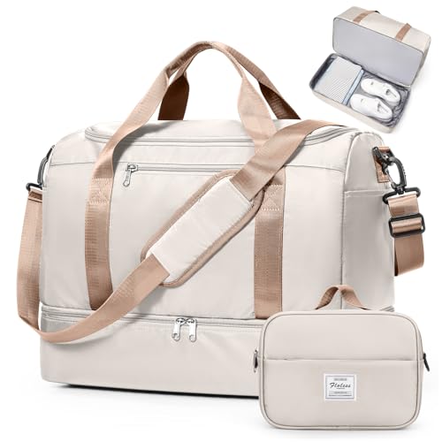 Travel Duffel Bag,Carry-On Overnight Weekender Bags with Shoes Compartment - color: Beige & Brown with Toiletry Bag, size: Small