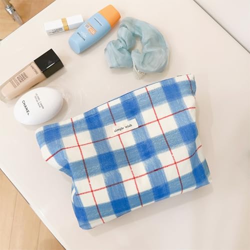 Wudygirl Makeup Bag for Women Cosmetic Bag 10.5"x7.5" Blue White Plaid - color: BLWH Line