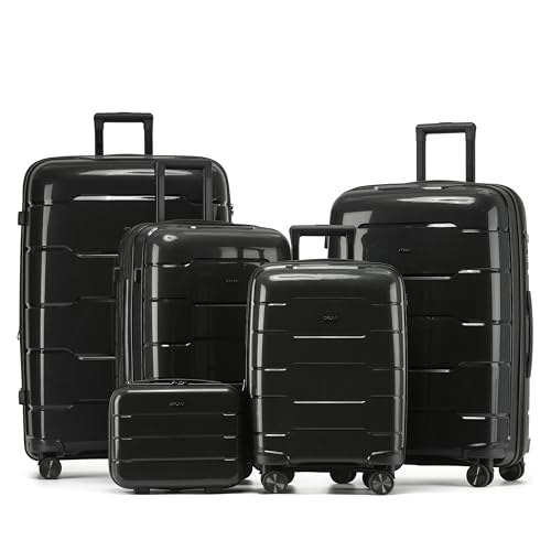 5-Piece Luggage Set Expandable Hardside Polypropylene Suitcase Set with TSA Locks & 8 Silent Spinner Wheels Lightweight Nested Suitcases Travel Set American Airline-Approved Carry-On - Black - color: Black, size: 5-Piece Set