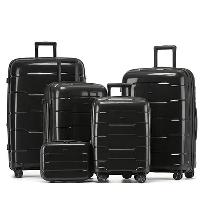 5-Piece Luggage Set Expandable Hardside Polypropylene Suitcase Set with TSA Locks & 8 Silent Spinner Wheels Lightweight Nested Suitcases Travel Set American Airline-Approved Carry-On - Black - color: Black, size: 5-Piece Set