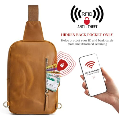 S-ZONE Genuine Leather Sling Bag for Women Men RFID Blocking Card Slots - color: Light Brown