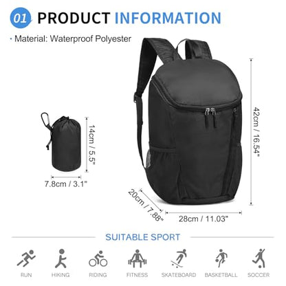 Hiking Backpack 20L Foldable Daypack for Men Women Nylon Black | Packable Backpack for Men Women, Small Foldable Day Pack Waterproof for Travel Camping Mountaineering - color: Black