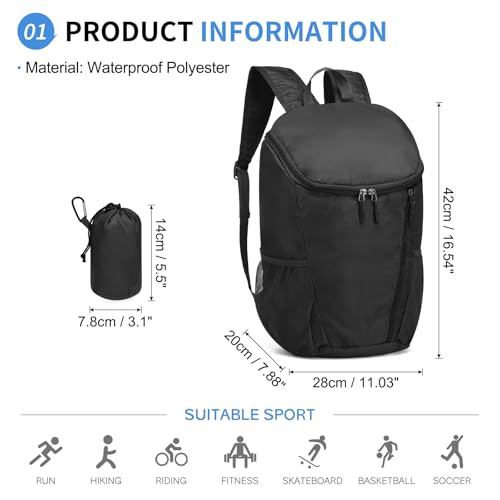 Hiking Backpack 20L Foldable Daypack for Men Women Nylon Black - color: Black