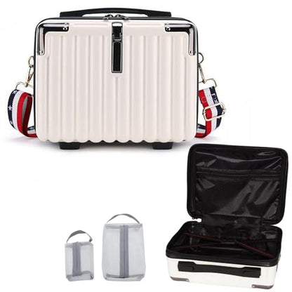 VNIMTI Makeup Travel Case, Hard Shell Cosmetic Case Organizer, Portable Cosmetic Bag, Mini Makeup Luggage with Shoulder Strap, ABS Surface, Zipper, Large Capacity, White - color: White