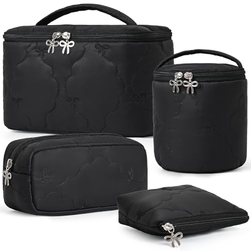 AMDAILY 4Pcs Quilted Makeup Bag Set, Bowknot Puffy Makeup Bag w/Bow Zipper - color: Black