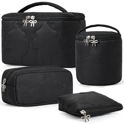 AMDAILY 4Pcs Quilted Makeup Bag Set, Bowknot Puffy Makeup Bag w/Bow Zipper - color: Black