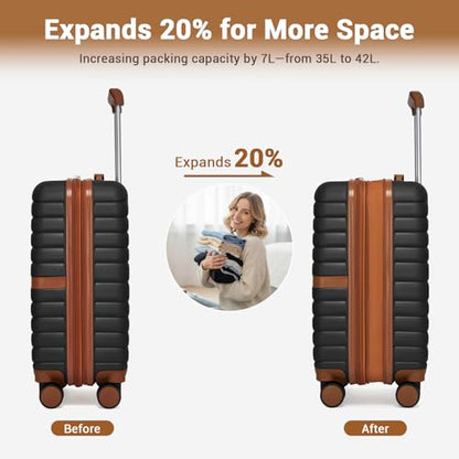 Kono Expandable Carry On Luggage 22x14x9 Airline Approved with Spinner Wheels, 20 Inch Durable PC+ABS Hardshell Travel Suitcase Rolling Luggage with Lock, Black/Brown - color: Black/Brown, size: Carry-on 20-inch