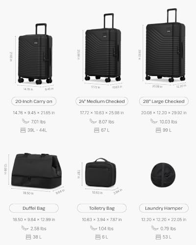 Coolife 6 Piece Travel Set: 3 Suitcases, Duffel, Organizer, Pop-Up Hamper - color: Black, size: 6-Piece Set
