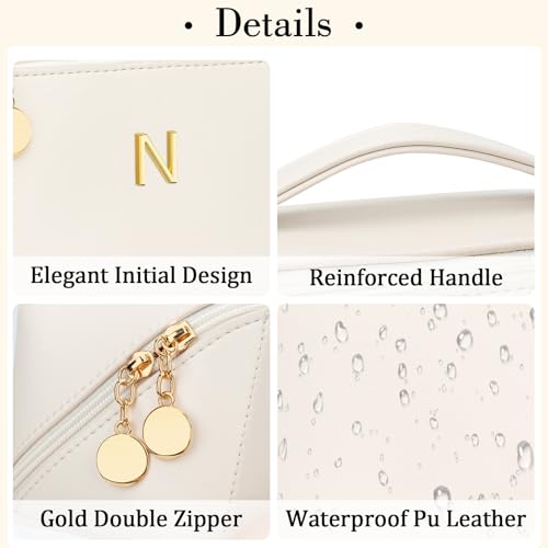 Initial Makeup Bag Personalized Gift for Women Teen Girls - color: Beige, style: N