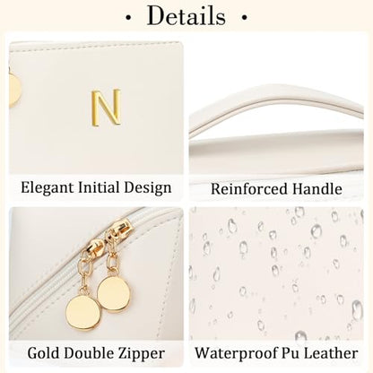 Initial Makeup Bag Personalized Gift for Women Teen Girls - color: Beige, style: N