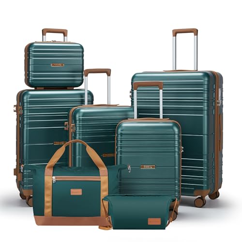 Luggage Sets with Spinner Wheels, Lightweight Hardshell Suitcase Set with TSA Lock, Carry On Checked Luggage Set with YKK Zippers (Dark Green, 7 piece sets（14/18/20/24/28/DB/TB）) - color: Dark Green, size: 7 piece sets（14/18/20/24/28/DB/TB）