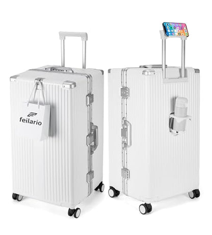 feilario Super Large Aluminum Frame Checked Luggage, Removable Wheels - color: A1-Ivory White, size: 29in