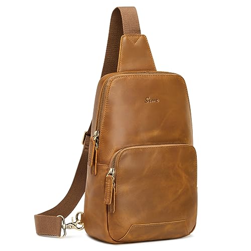 S-ZONE Sling Bag for Men Women RFID Blocking Genuine Leather Crossbody - color: Light Brown
