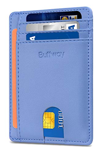 Buffway Slim Minimalist Front Pocket RFID Blocking Leather Wallets for Men and Women - Sand Wathet Blue - color: Sand Wathet Blue
