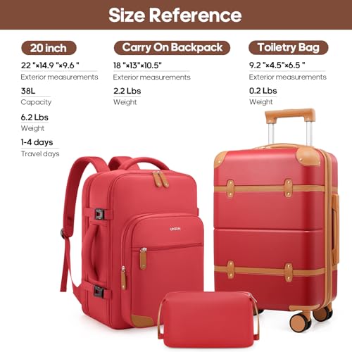 Expandable Carry On Luggage Set, 20In PC Hardside Suitcase with Backpack - color: Red