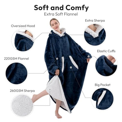 Sioloc Wearable Blanket Hoodie for Women/Kids/Men, Oversized & Cozy Sherpa Lined Hoodie Sweatshirt Blanket - color: Navy, size: Oversized