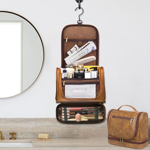 Travel Toiletry Bag For Men and Women, Leather Hanging Toiletry Organizer, Waterproof with Separate Compartments, Travel Kit for Gym Camping and Mens Gift (Light Brown)
