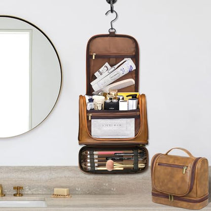 Travel Toiletry Bag For Men and Women, Leather Hanging Toiletry Organizer, Waterproof with Separate Compartments, Travel Kit for Gym Camping and Mens Gift (Light Brown)