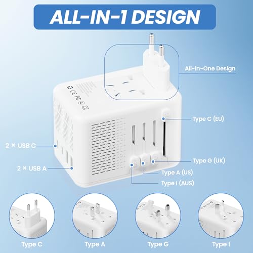 Converter for European Travel with AC Socket, 2 USB C & 2 USB A Ports
