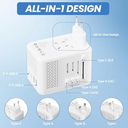 Converter for European Travel with AC Socket, 2 USB C & 2 USB A Ports