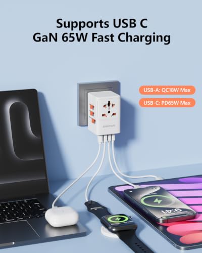 Universal Travel Adapter, International Power Adapter with 4 USB (GaN 65W) - color: 65W 2A2C White
