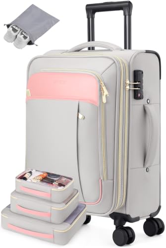 Softside Expandable Carry On Luggage, 20in Carry on Suitcase with Wheels - color: Grey/ Pink