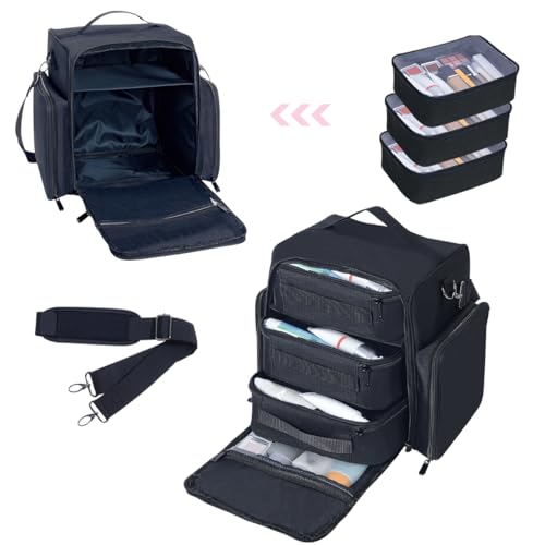 Large Makeup Bag Organizer with 3 Inner Removable Pouches,Black - color: Black