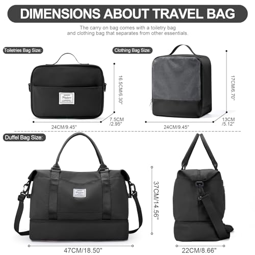 Weekender Bags for Women,Travel Duffle Overnight Bag with Shoe Compartment - color: A-Black-3Pcs-0022, size: Large