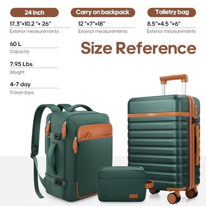 UKEIN 수하물 세트 3피스, 휴대용 수하물 50.8cm(20인치) 여행 가방 세트, 백팩 포함, 초록색., 스피너 휠과 백팩이 있는 러그 - color: 초록색., size: 3 piece set (24inch)