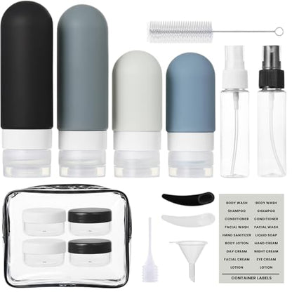 Laxen 17 Pack Travel Bottles for Toiletries with Clear Bag, Leak Proof, Refillable, TSA Approved Silicone Travel Containers for Shampoo and Conditioner, Travel Essentials Toiletry Bottles - color: Neutral Multicolor