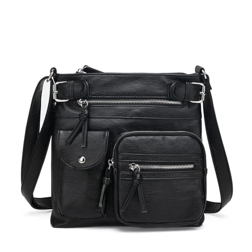 KouLi Buir Crossbody Bag for Women, Leather Purse with Adjustable Strap Lightweight Shoulder Bag with Zipper Pockets - color: Balck