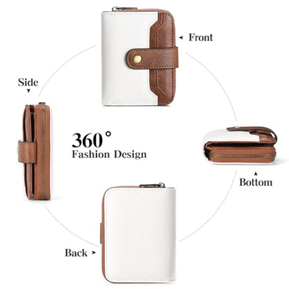 GAEKEAO Small Wallet for Women Leather RFID Blocking Bifold Zipper Pocket Credit Card Holder Card Case Wallets with ID Window - color: White&Brown