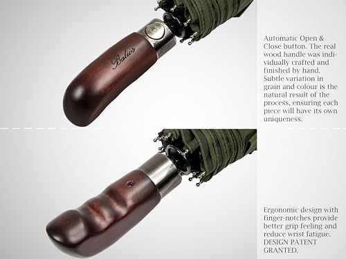 Balios Folding Umbrella Real Wood Handle Auto Open Close - color: Olive Green