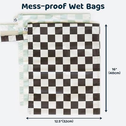 Tiny Twinkle Mess Proof Wet Bags | 2-Pack Reusable Waterproof Wet Bags for Swimsuits | Baby Clothes | Travel & Diaper Bag (Black, Green Checkers) - color: Black, Green Checkers, size: 2 Pack