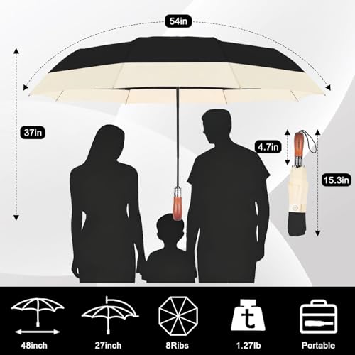 Large Golf Umbrella 54 Inch Compact Folding Auto Close Wood Handle Rain - color: Black