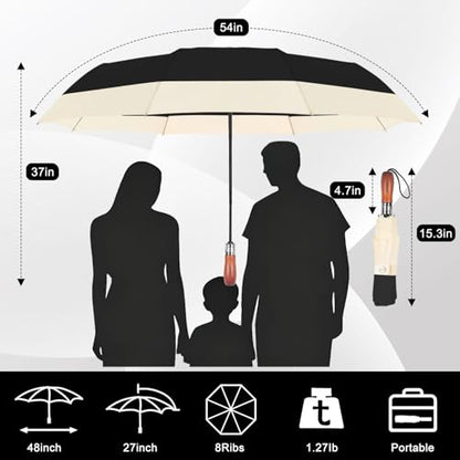 Large Golf Umbrella 54 Inch Compact Folding Auto Close Wood Handle Rain - color: Black