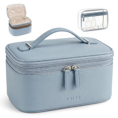 Prite 2 Pcs Makeup Bag Set Travel Cosmetic Case with Clear Toiletry Bag - color: Blue