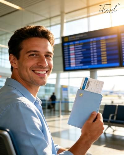 Passport Holder for Travel Essentials RFID Blocking PU Leather - color: Light Blue