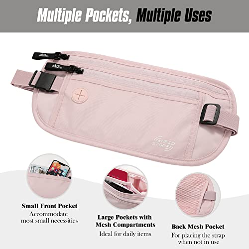 MoKo Travel Money Belt with RFID Blocking, 3 Pockets, Pink - color: Pink, size: Waist for 28"-50"