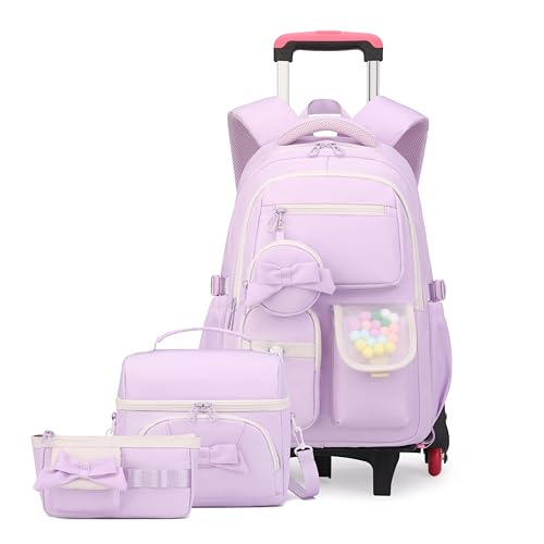 Rolling Backpack for Girls 3PCS Kids Backpack Set Cute Trolley Bags for Elementary Middle High School Wheeled Bookbags - color: 3pcs Purple 6 Wheels