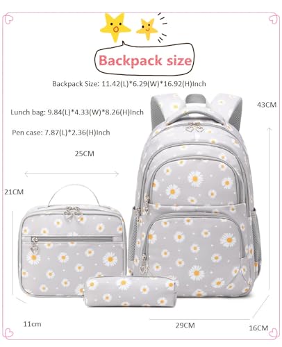 3Pcs Flower Daisy Backpack for Girls with Lunch Box Kids School Bag - color: 3pcs-gray