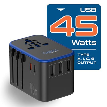 Ceptics 45W Universal Adapter, 3 USB-A, 2 USB-C, Universal Socket - 2 Pack - color: Jet Black