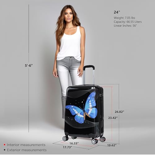 InUSA Prints PC/ABS Plastic 4-Wheel Spinner Luggage, Black Butterfly (IUAPC00M-BBU) - color: Black Butterfly, size: 24 Inch