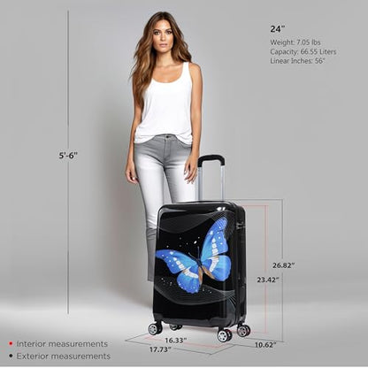 InUSA Prints PC/ABS Plastic 4-Wheel Spinner Luggage, Black Butterfly (IUAPC00M-BBU) - color: Black Butterfly, size: 24 Inch