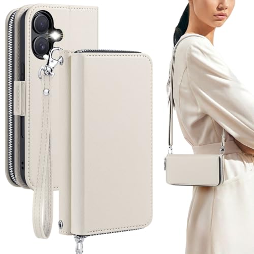 OCASE for iPhone 17 Crossbody Wallet Case - Stylish PU Leather Handbag Phone Purse with Zipper Closure, Card Slots & RFID Blocking - Wrist Strap, Lanyard, Kickstand - Cream - color: Cream, size: iPhone 17