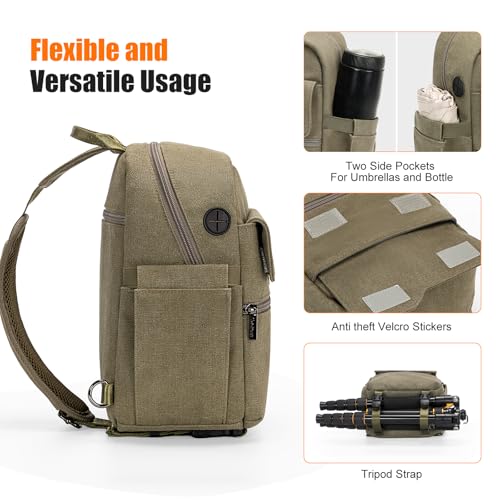 Cwatcun Large Canvas Sling Bag, Crossbody Chest Bag with Tripod Holder - color: Green, size: Large