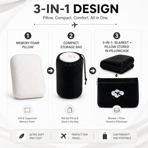 Nerien Blanket Pillow for Airplane Travel Essentials -3 in 1 Plane Travel Set Black - color: Black