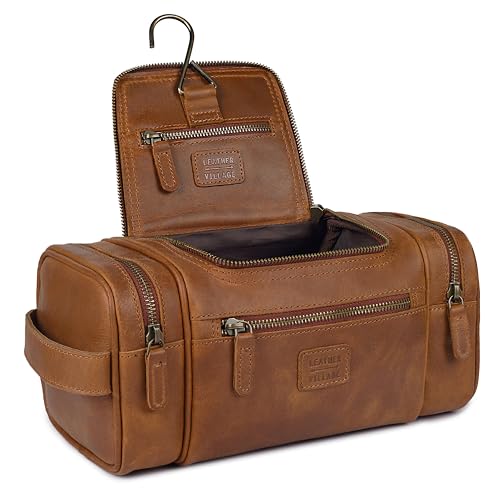 LEATHER VILLAGE Large Leather Toiletry Bag for Men, Hanging Dopp Kit Tan - color: Tan