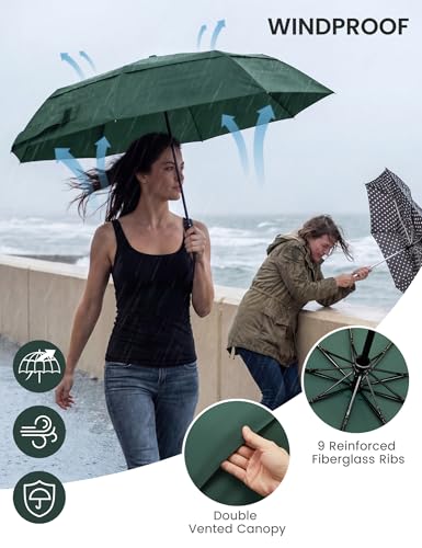 G4Free 42 Inch Travel Umbrella, Compact Vented Windproof Umbrella for Rain | Double Canopy, Lightweight & Strong, Automatic & Foldable, For Men & Women, Fits Car, Backpack & Commuting - color: Dark Green